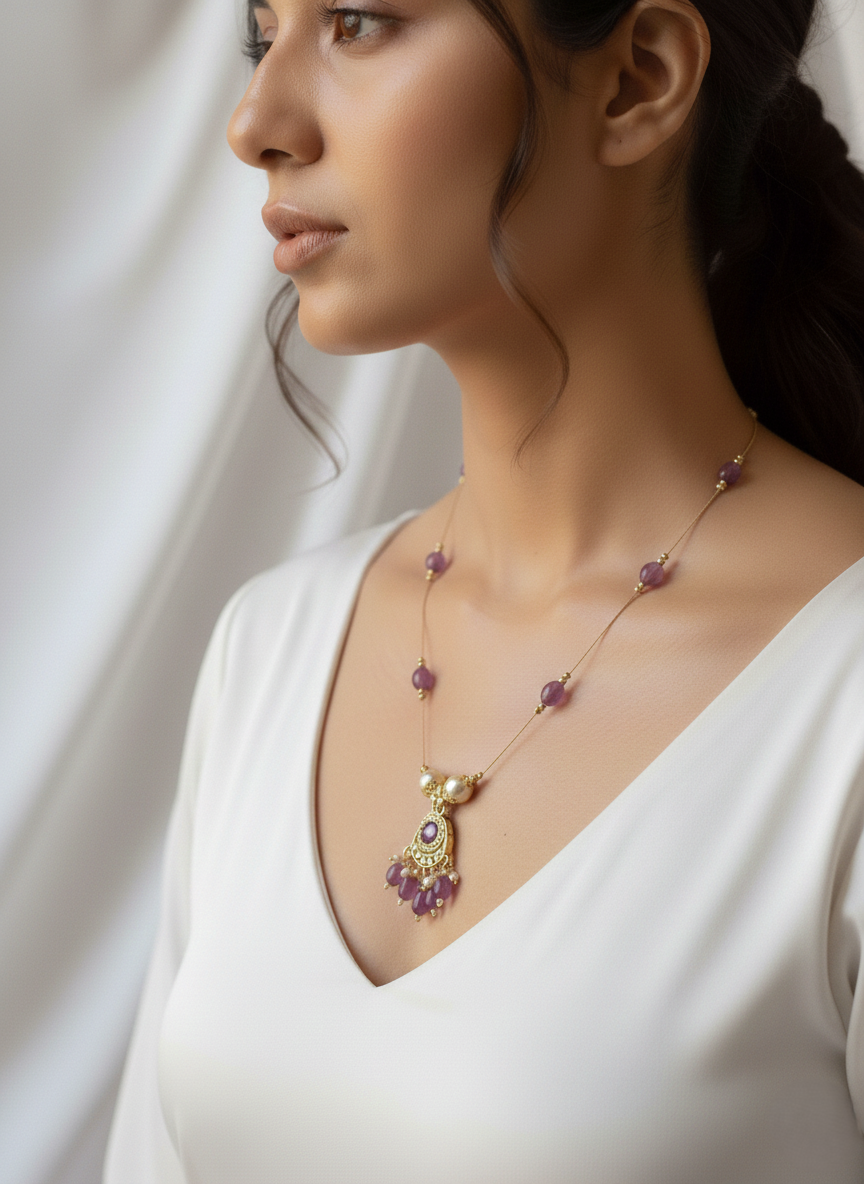 Elegant Beaded Pendant Necklace ( Pink, Red & Purple )